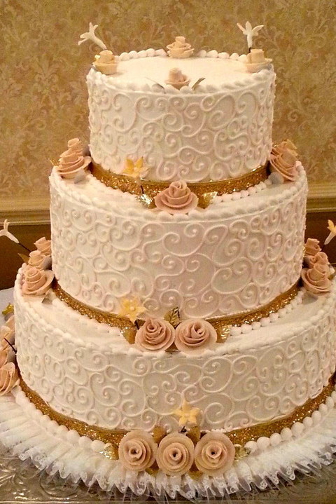 Wedding cake with Old World Scroll with Gold Ribbon