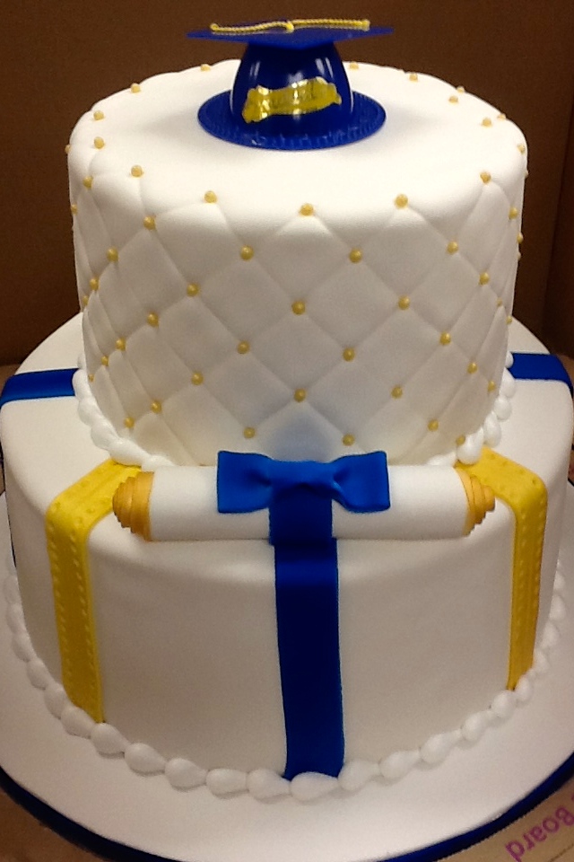 Graduation cake with Blue and Gold Quilted tier cake with fondant diploma