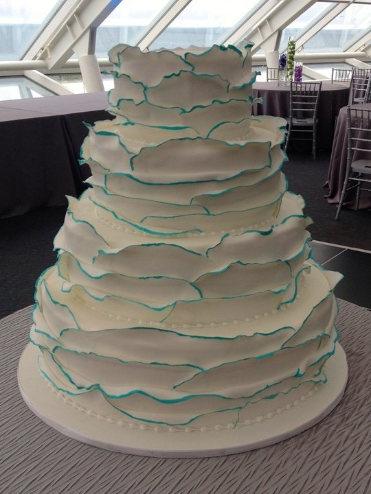 Wedding cake with Painted Petals Design: White with Tiffany Blue Accents
