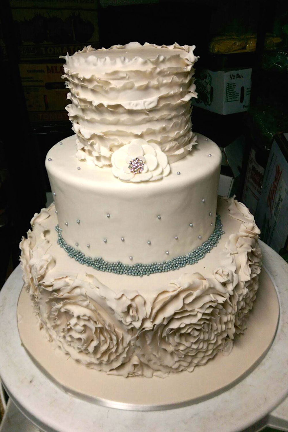 Wedding cake with Rosettes, Ruffles, and Pearl Beading