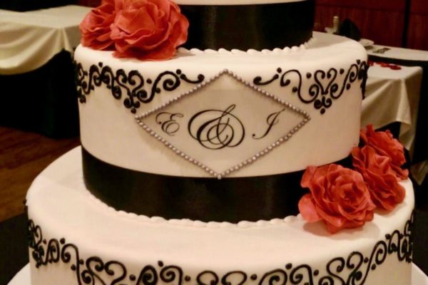 Monogram cake with Red Roses and Piped Embellishments