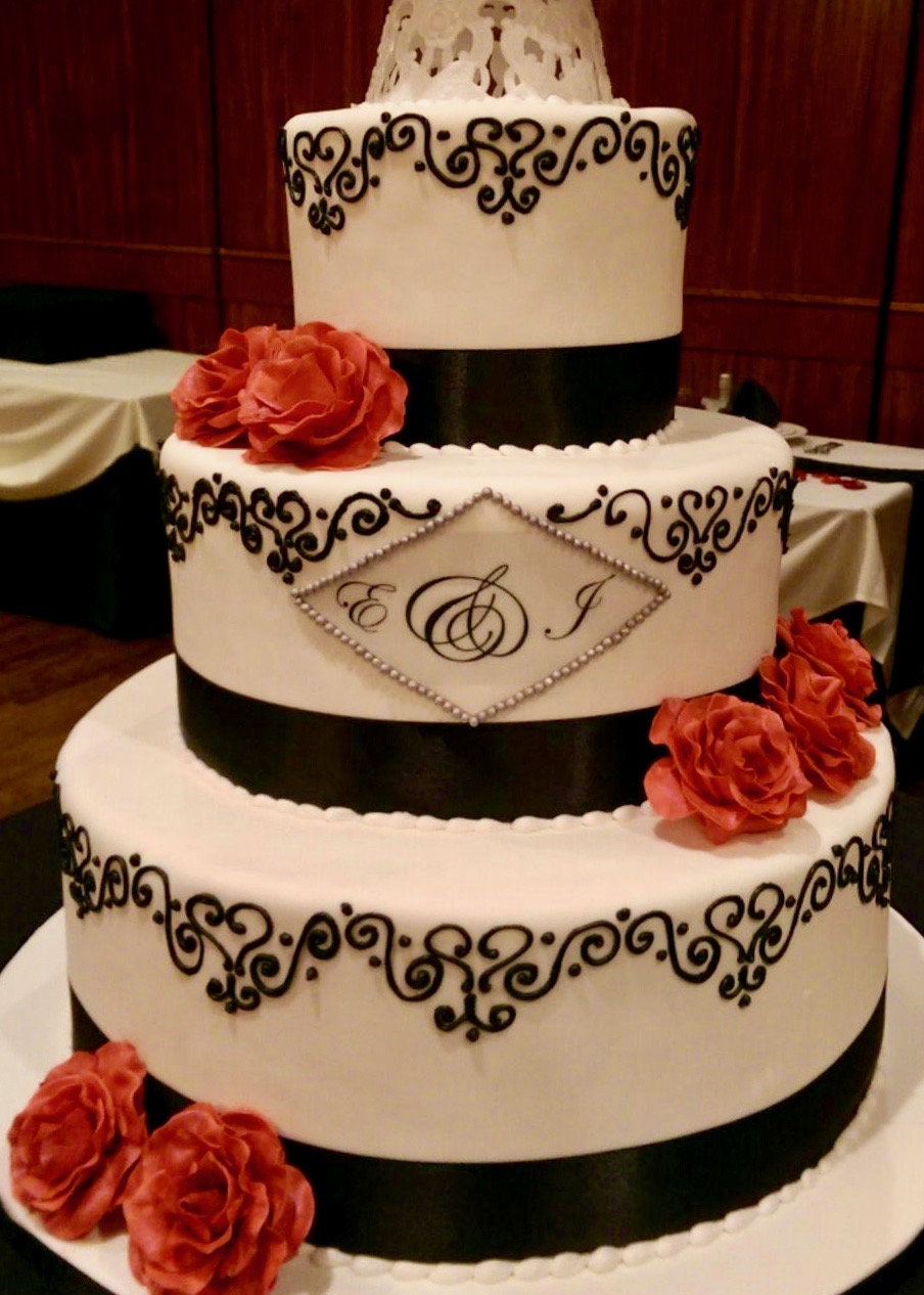 Monogram cake with Red Roses and Piped Embellishments