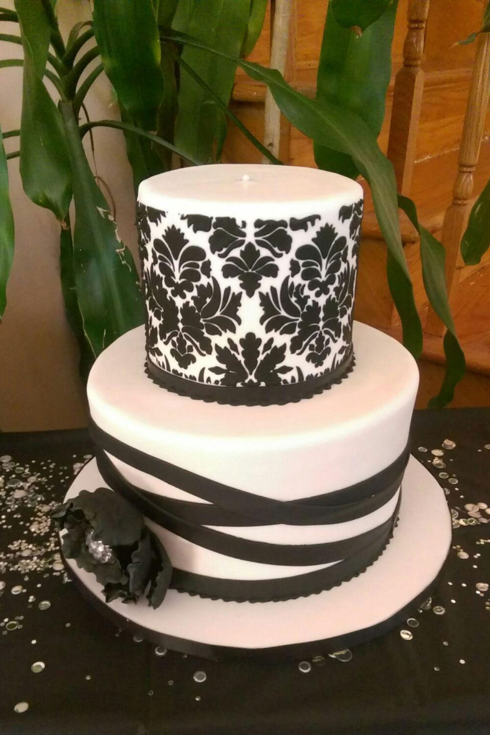 Black Damask Lace with Criss-Crossed Ribbon and Peony cake